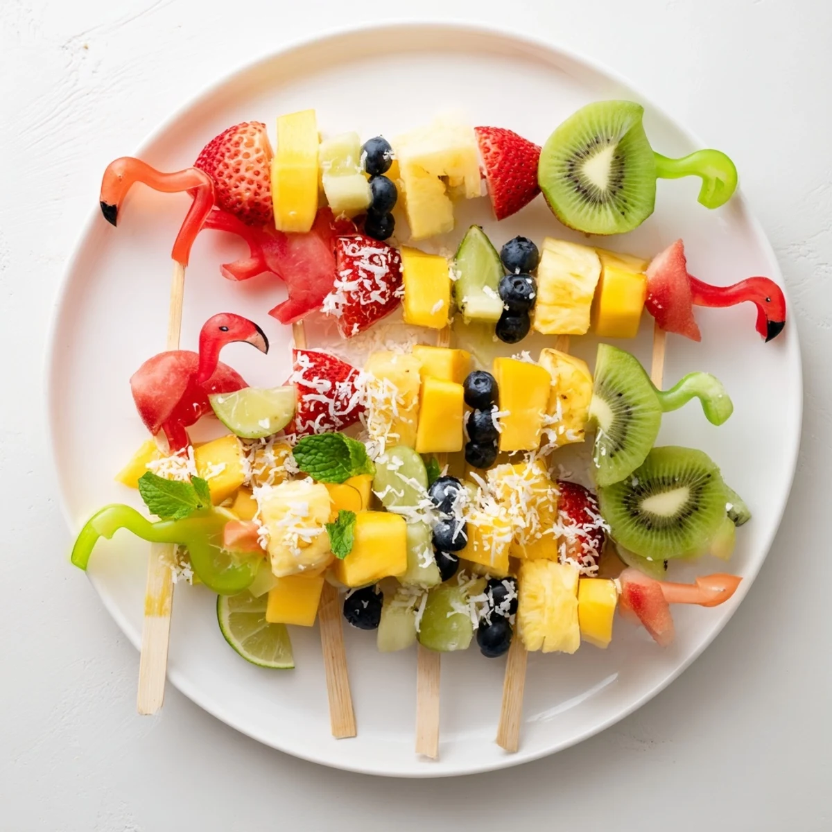 Vibrant Flamingo Fruit Skewer Platter, showcasing colorful tropical fruits, perfect for a summer gathering.