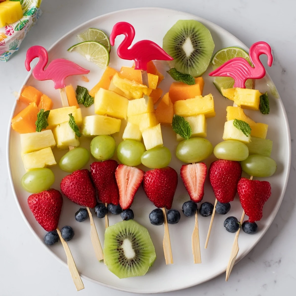 Delicious and refreshing Flamingo Fruit Skewer Platter, featuring juicy strawberries and mango on playful skewers.