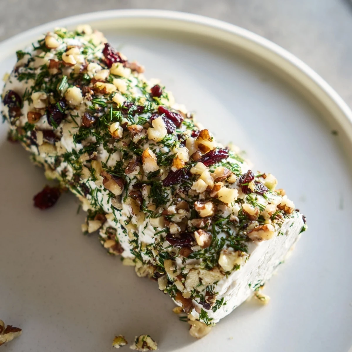 Creamy Winter Snowdrift Goat Cheese Log, richly coated with herbs and nuts, ready to serve with crackers.