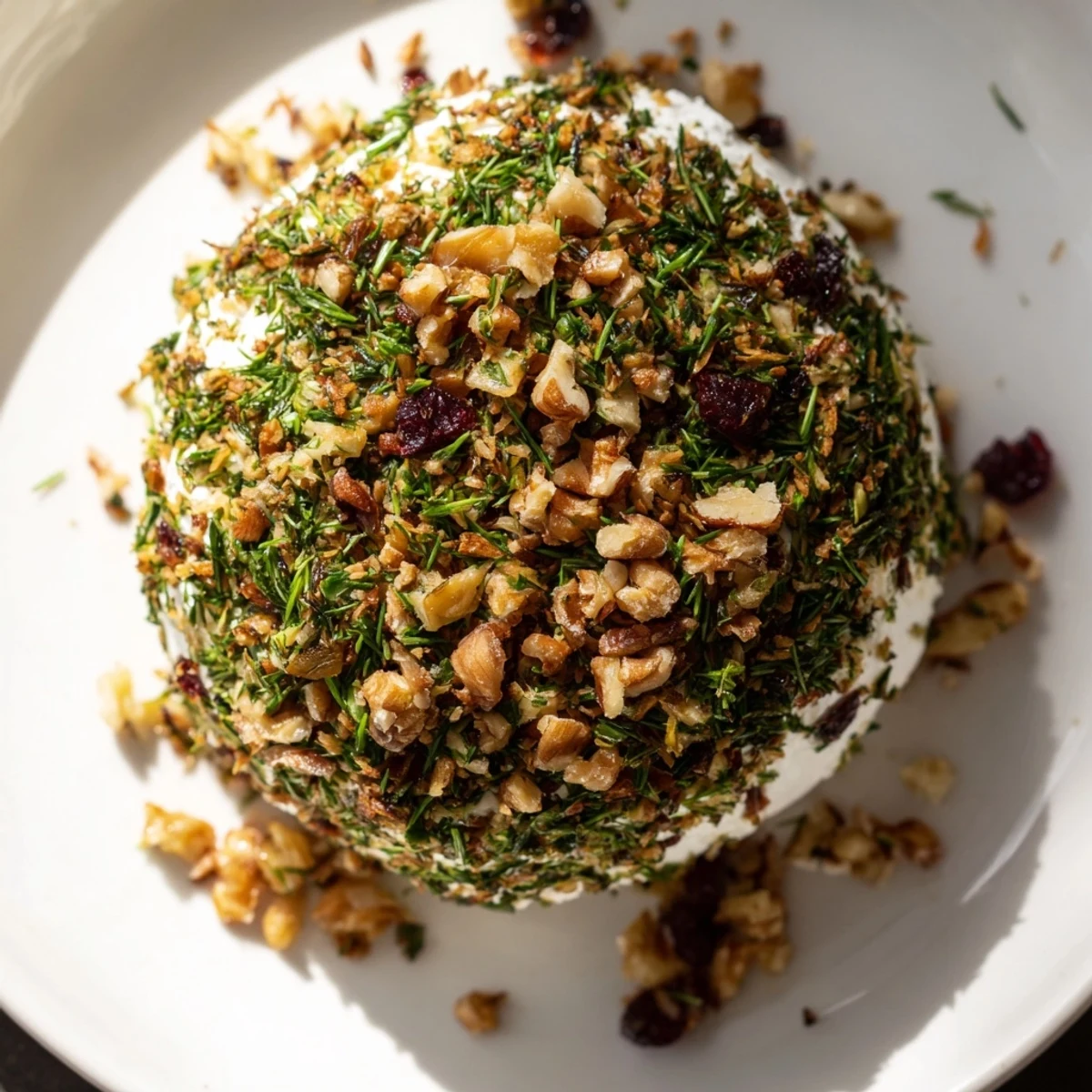 Close-up of a delectable Winter Snowdrift Goat Cheese Log, showcasing the texture before serving guests.