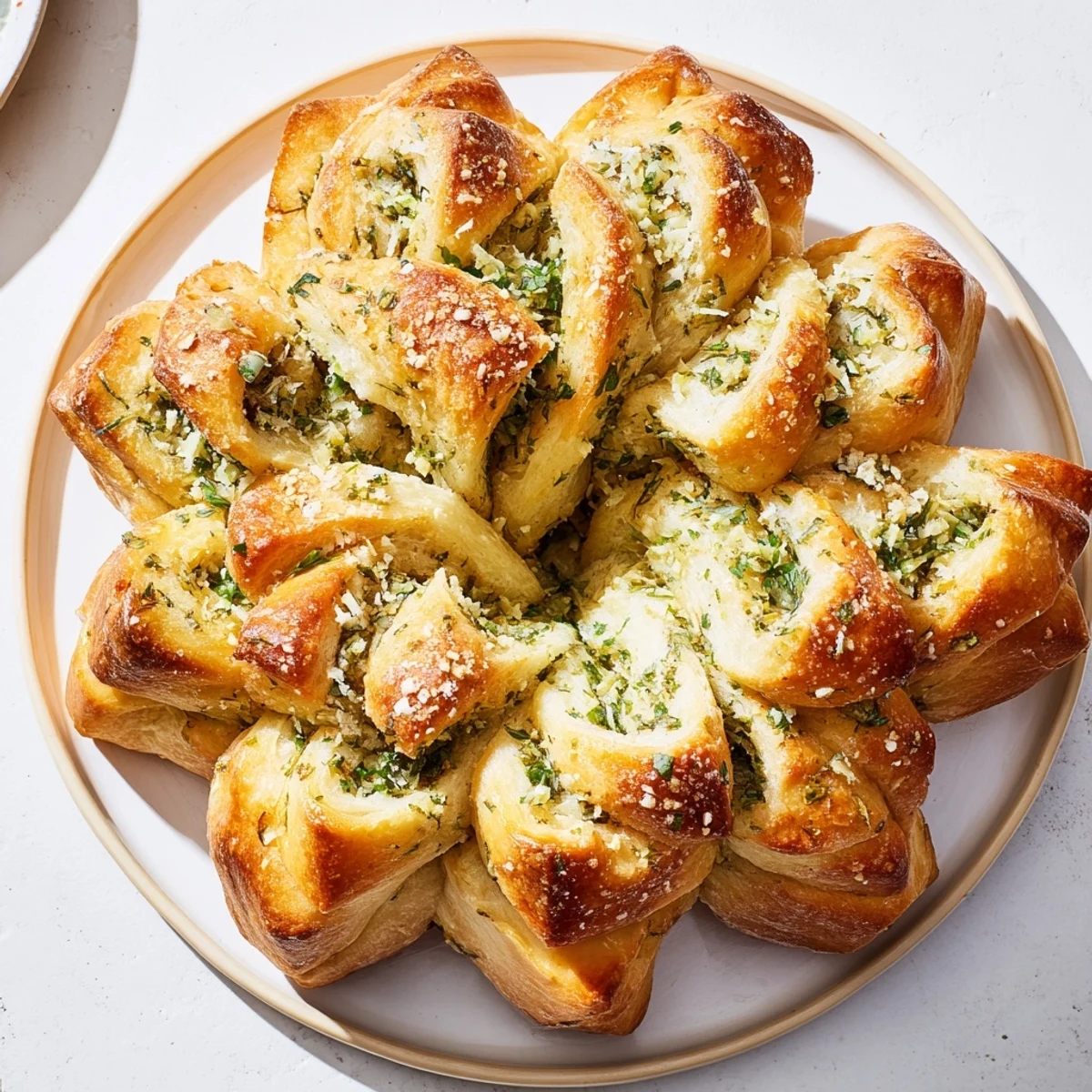 Golden, star shaped garlic bread pull-apart, glistening with melted butter and sprinkled with parsley.