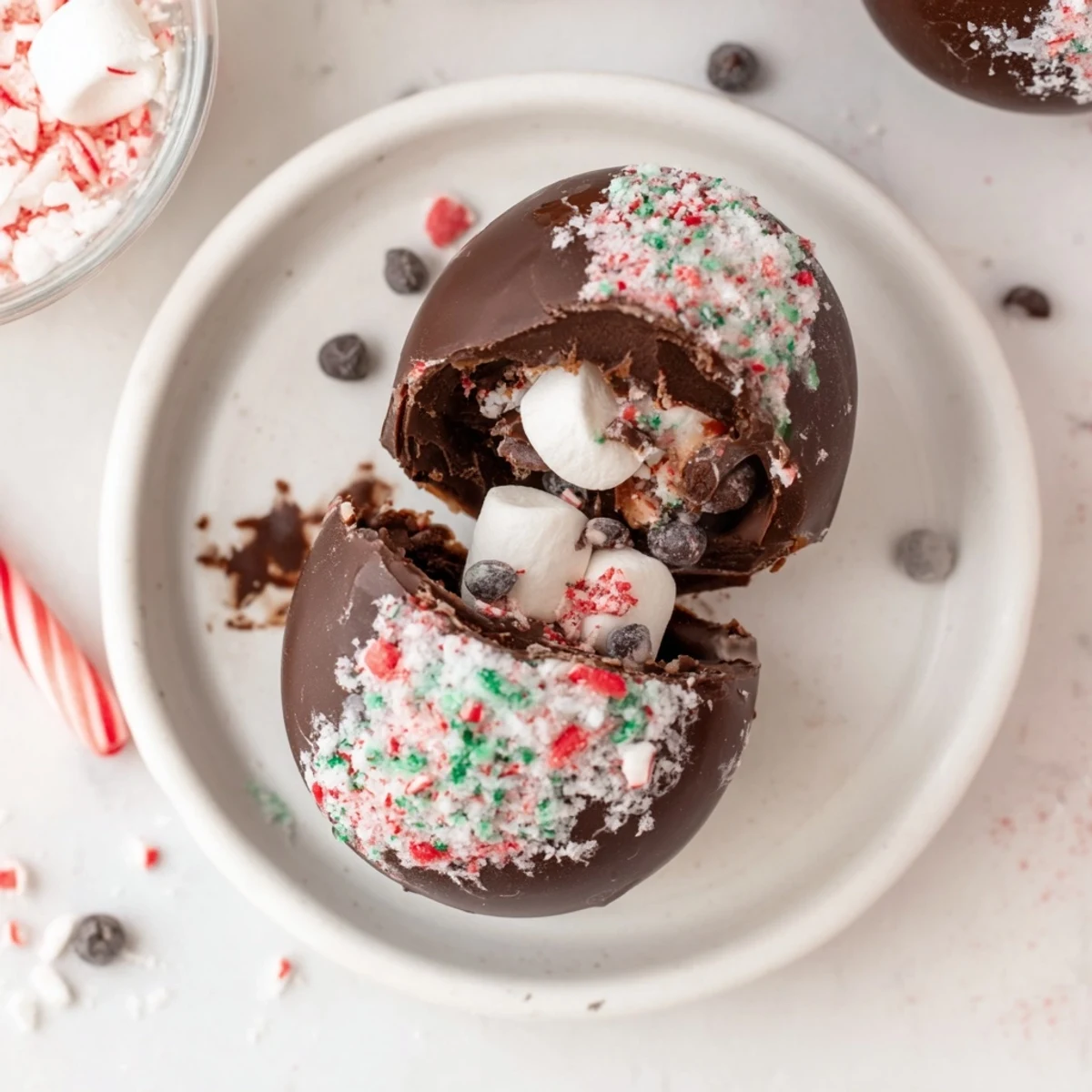 Photo of a warm mug with a melting Hot Cocoa Bomb, ready for delicious toppings.
