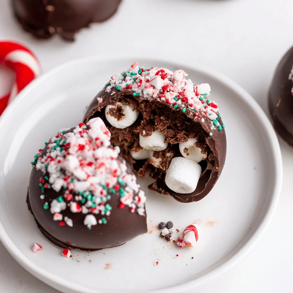 Rich and decadent Hot Cocoa Bomb bursting open to release marshmallows and cocoa mix.