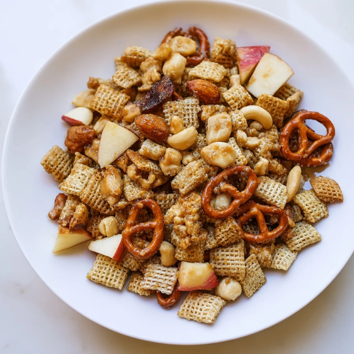 Golden, crispy Party Mix: Sparkling Cider Snack Mix with crunchy pretzels and sweet apple pieces.