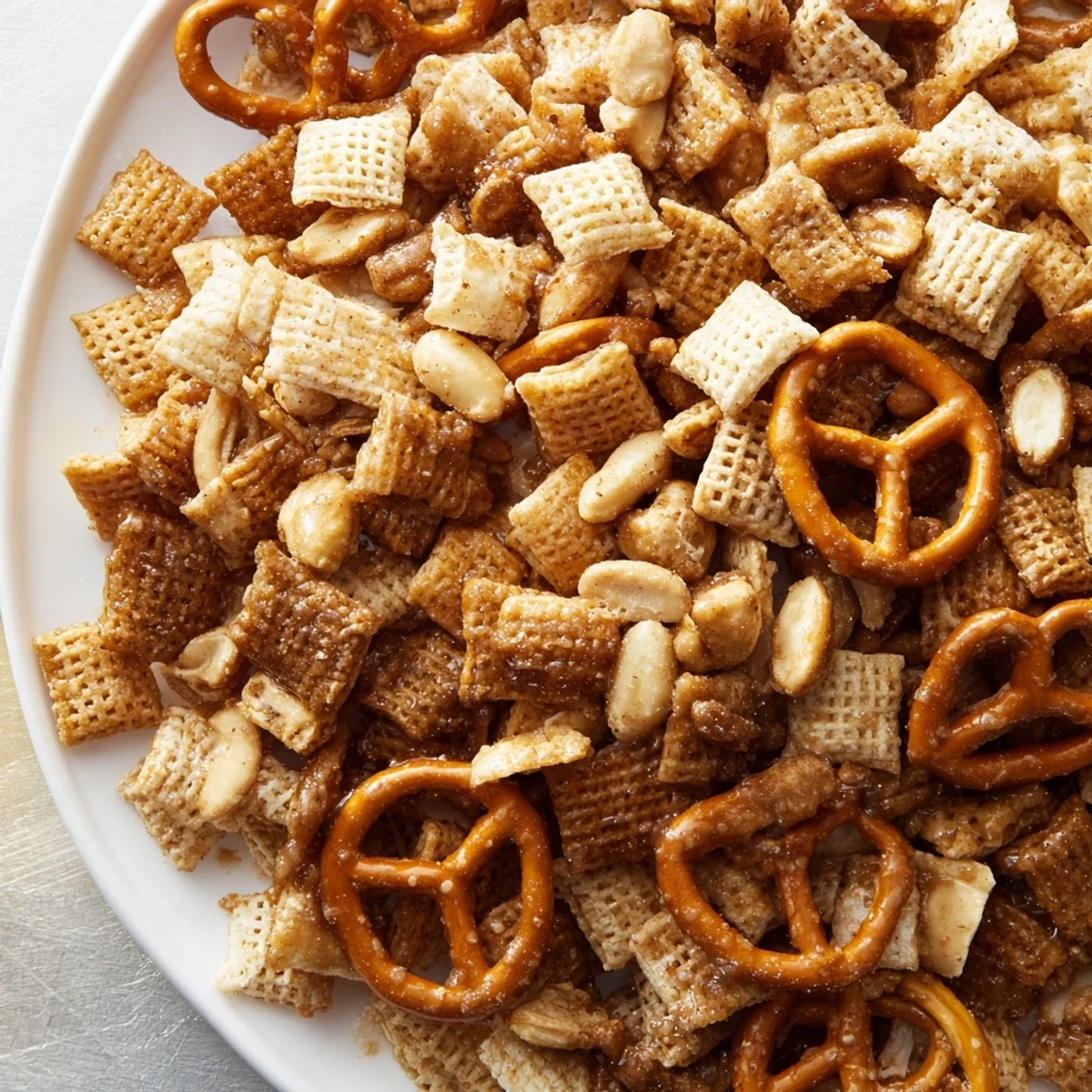 A close-up of freshly baked Party Mix: Sparkling Cider Snack Mix, smelling of cinnamon and apple cider.