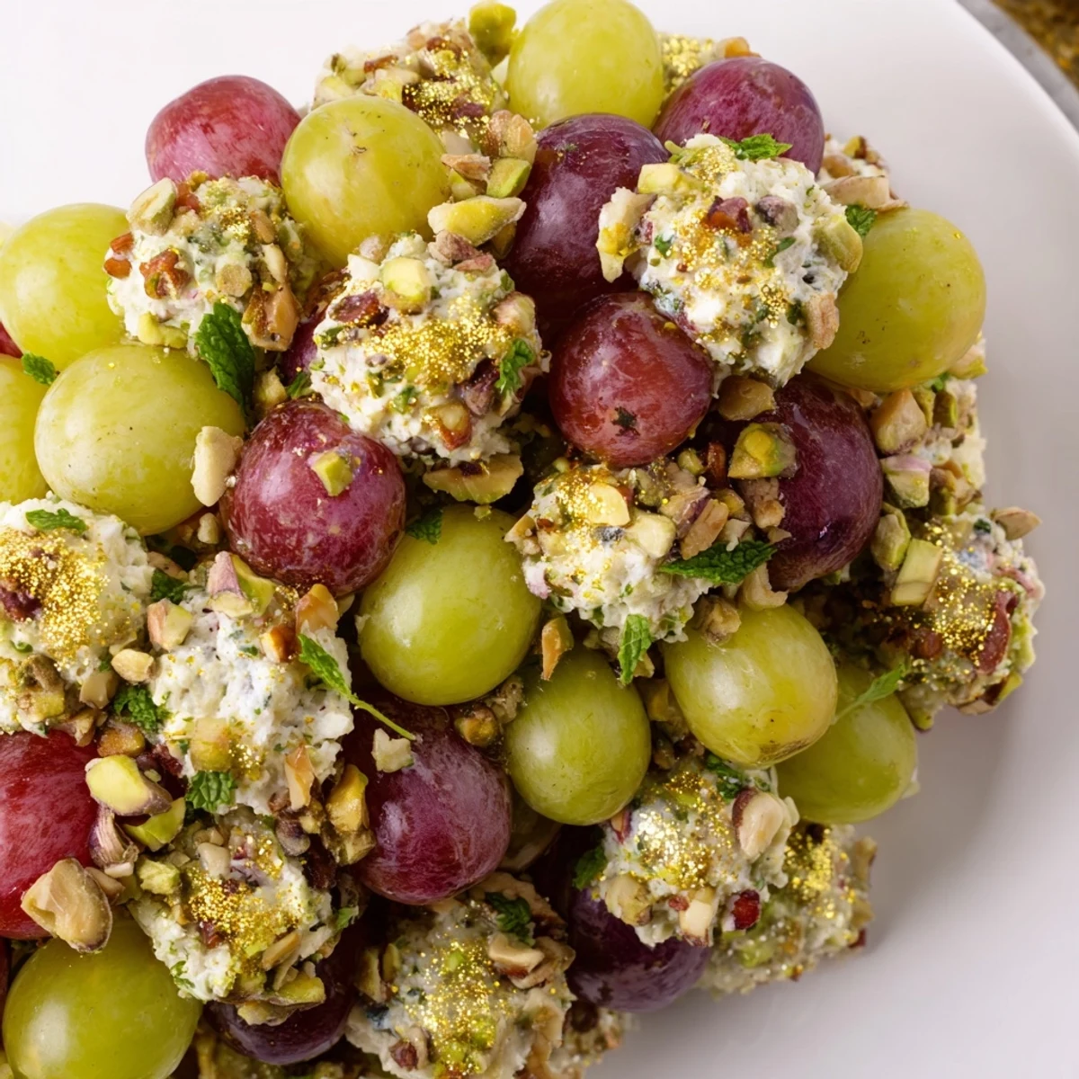 Sparkling Grape Cluster Appetizer with shiny, cheese-covered grapes and toasted nuts, ready to serve.