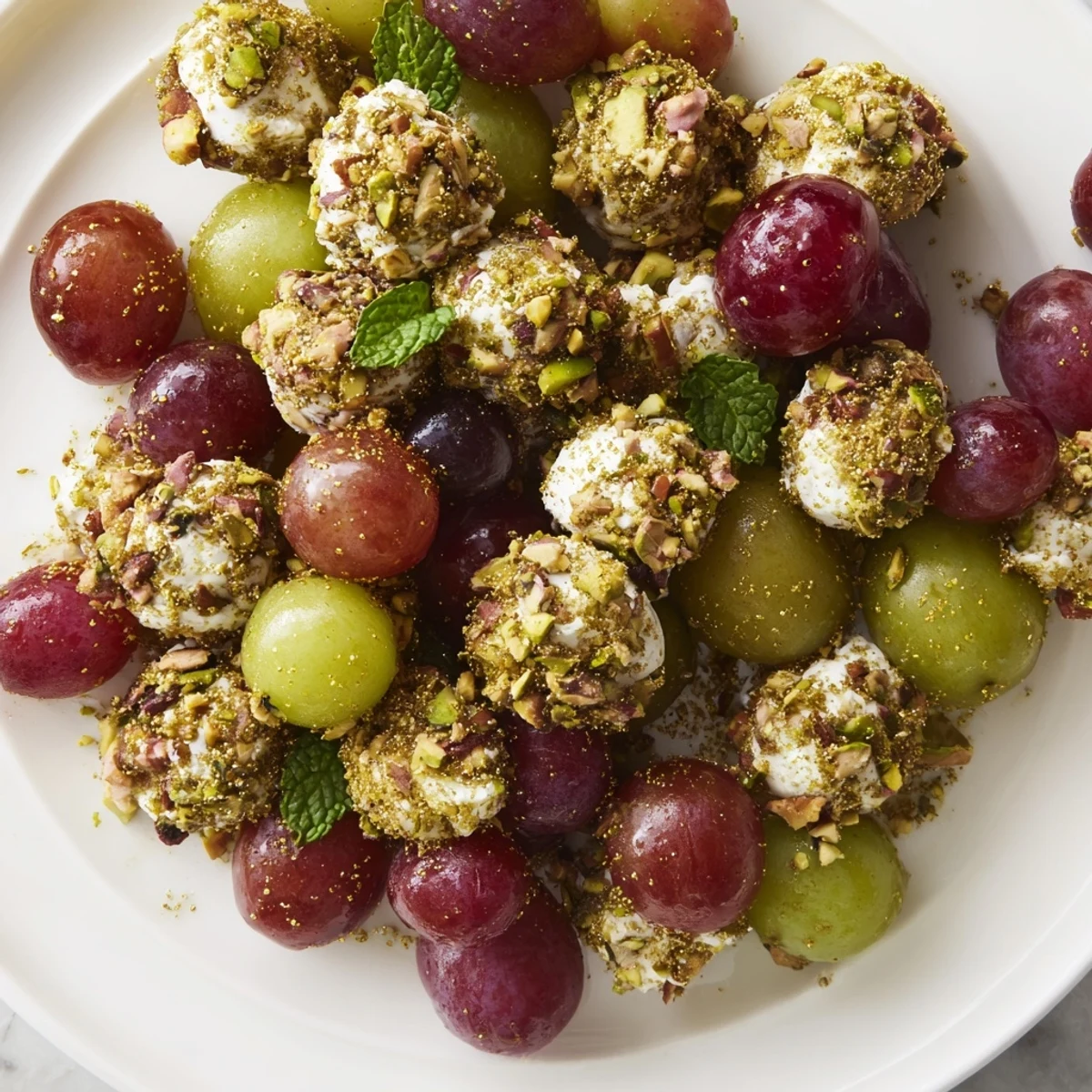 Festive Sparkling Grape Cluster Appetizer with vibrant green and red grapes, chilled and ready for the party.