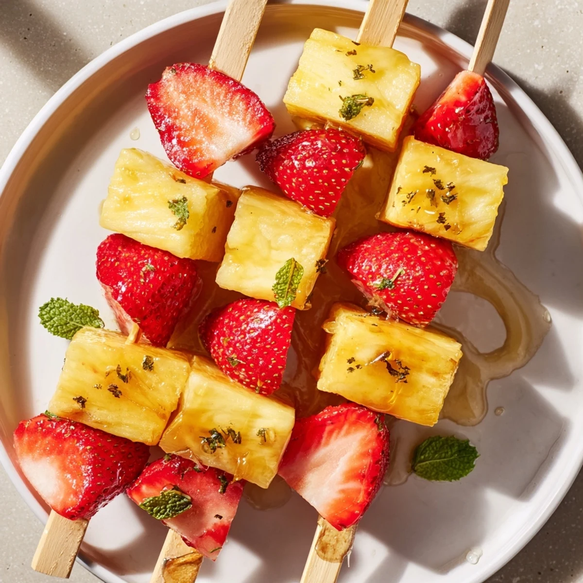 Sweet strawberry halves and pineapple chunks, perfect for these easy, delightful fruit skewers.