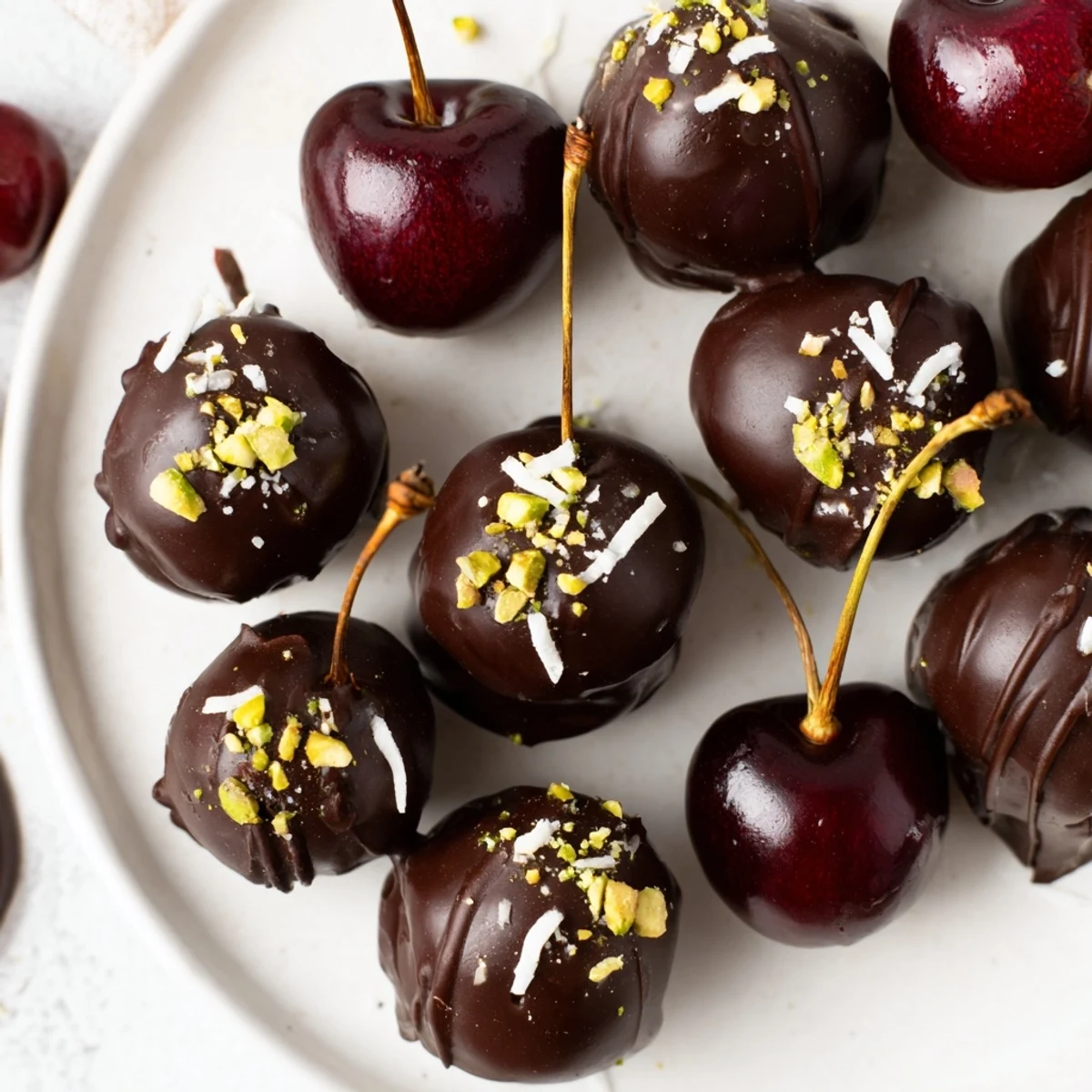 Dark chocolate-kissed chocolate-covered cherry dessert bites, an elegant treat with chopped pistachios.