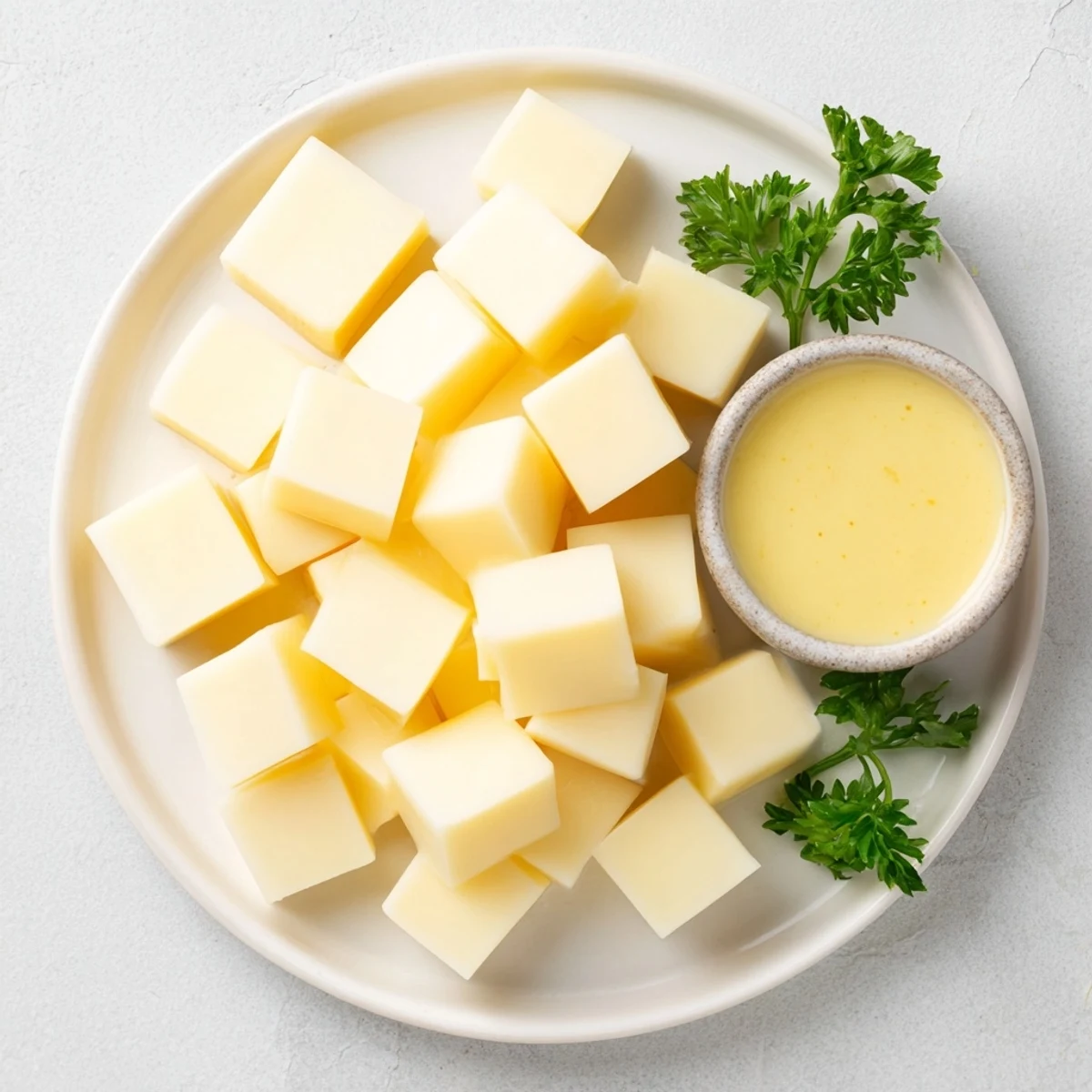 Elegant cheese platter displaying Gouda cubes alongside a flavorful mustard dip in a small bowl.