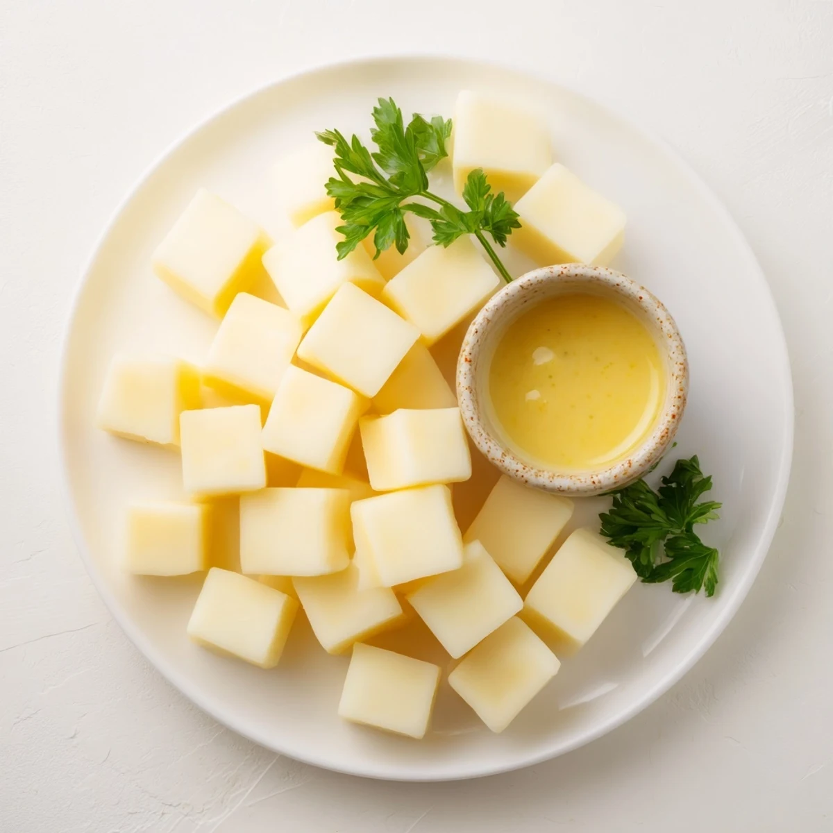 Creamy Gouda cheese cubes and a zesty mustard dip: a perfect appetizer for sharing at a gathering.