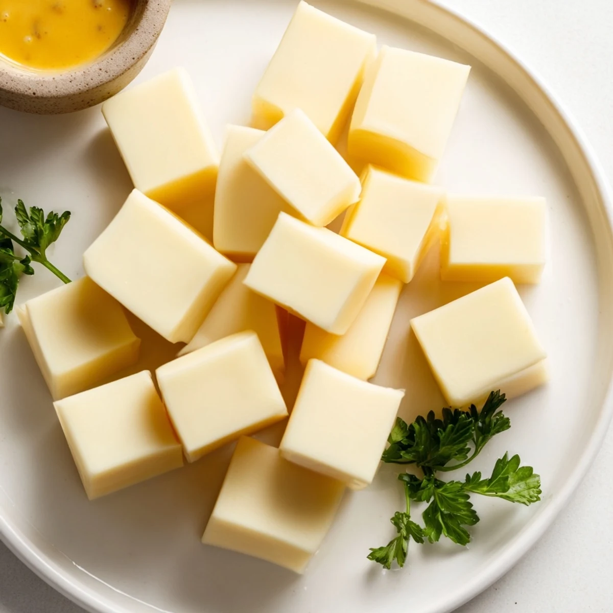 This appealing cheese platter features Gouda bites ready to be dipped into the delectable mustard sauce.