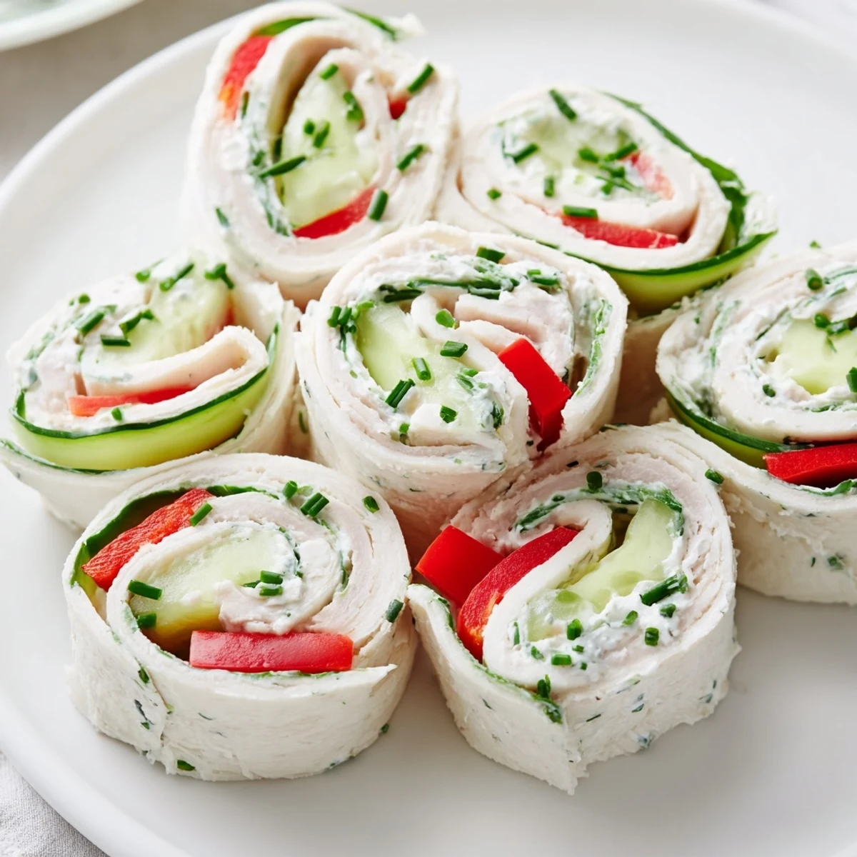 Sliced turkey roll-ups, filled with fresh vegetables, perfect for a quick and healthy appetizer.