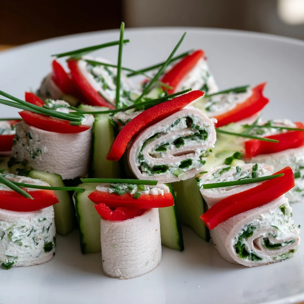 Cream cheese-filled turkey roll-ups, presented on a platter ready to serve at a party.