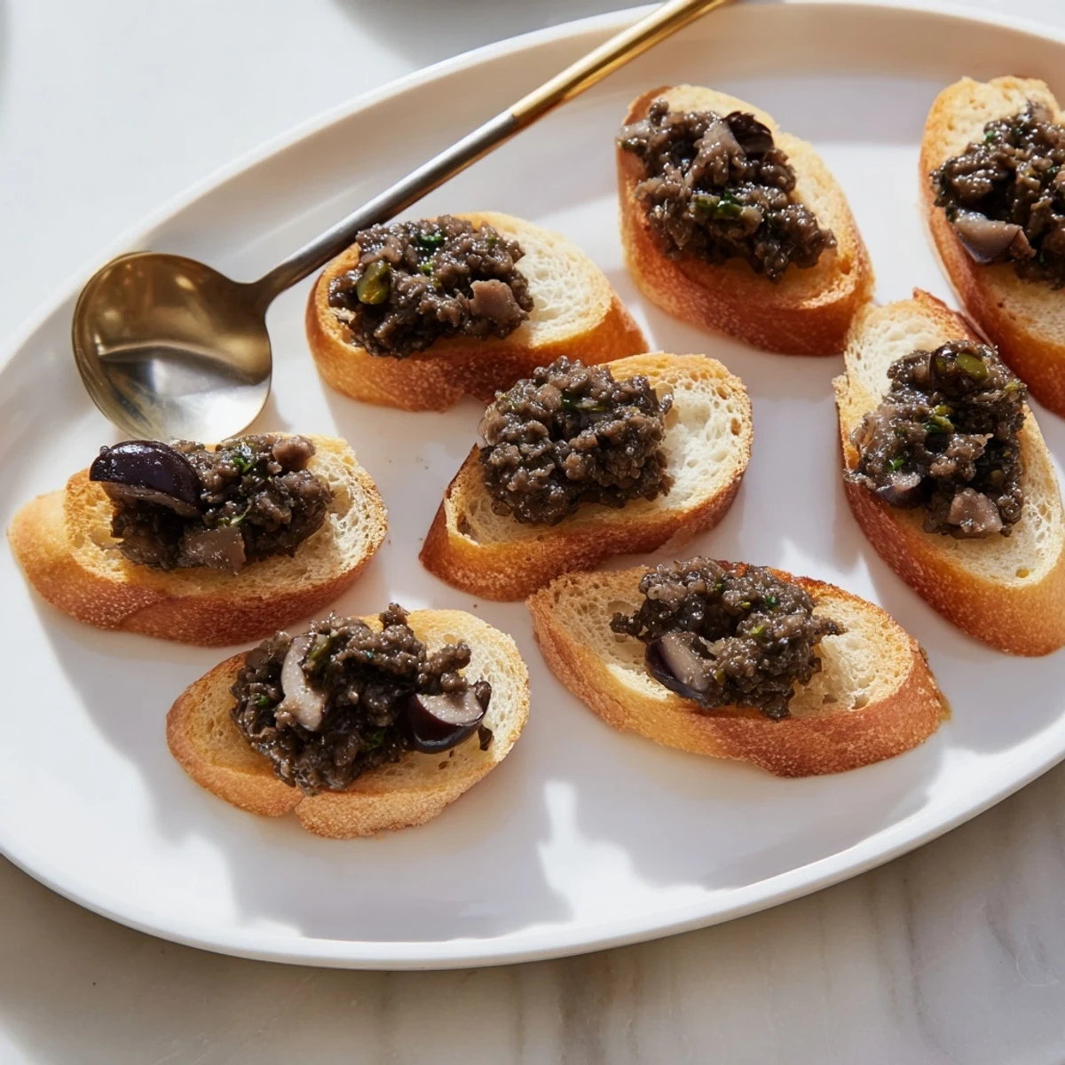 Golden crostini topped with rich Black Olive Tapenade, perfect for a New Year's Eve appetizer.