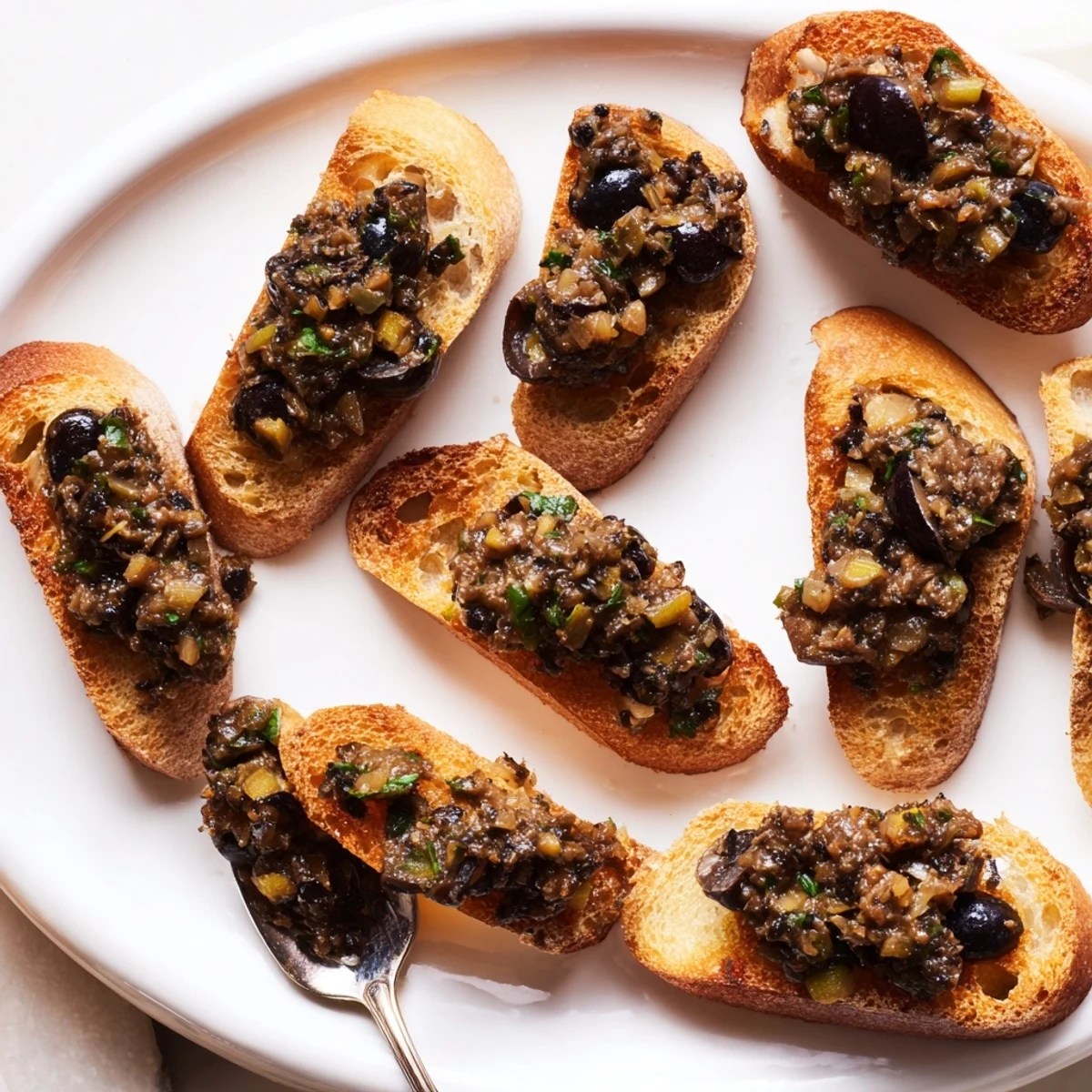 Savory Black Olive Tapenade, blended with herbs and served with crispy, golden baguette crostini.