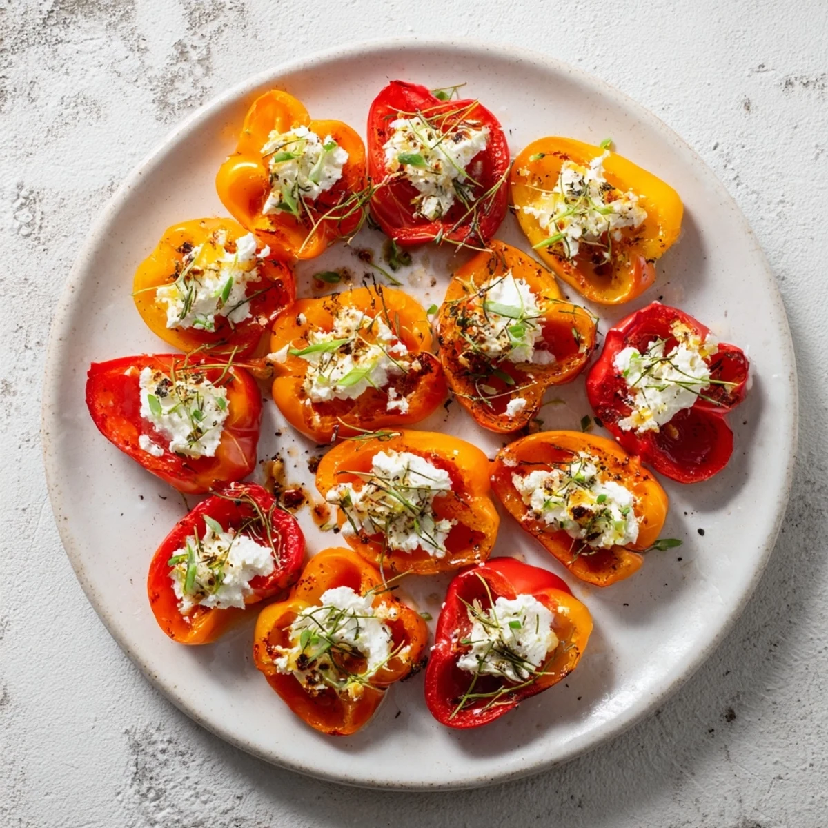 Vibrant mini bell pepper halves overflowing with creamy feta filling, ready to serve as a cool appetizer.