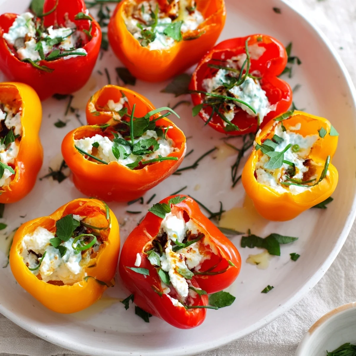 Close-up photo of bright, filled mini bell pepper halves, a delicious and easy feta appetizer option.