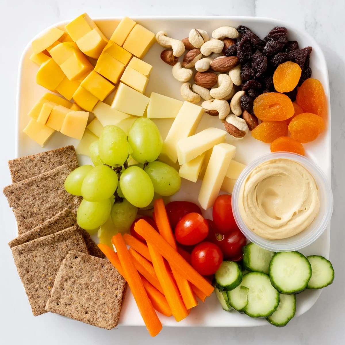 Road Trip Snack Box filled with colorful fruits, cheese, and crackers, perfect for easy travel snacks.