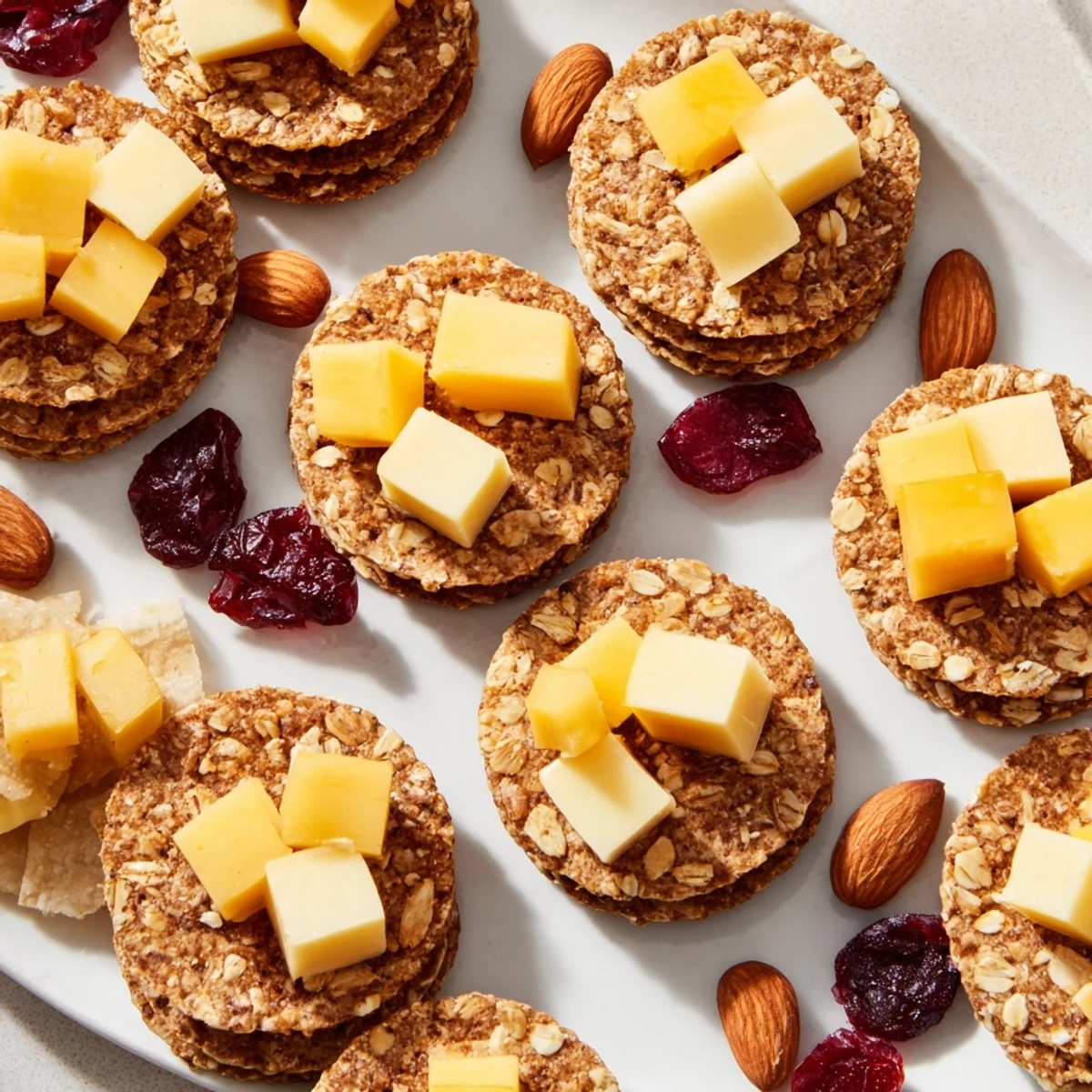 Crisp crackers topped with cheddar and Swiss cheese: ideal Work From Home Desk Treat.
