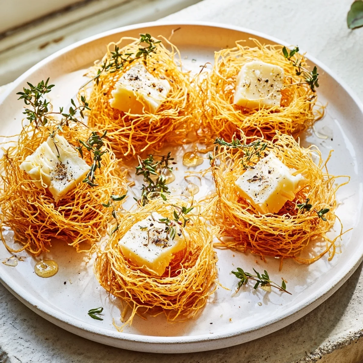 Golden, crispy phyllo nests topped with farmhouse cheeses create this Rustic Barnyard appetizer.