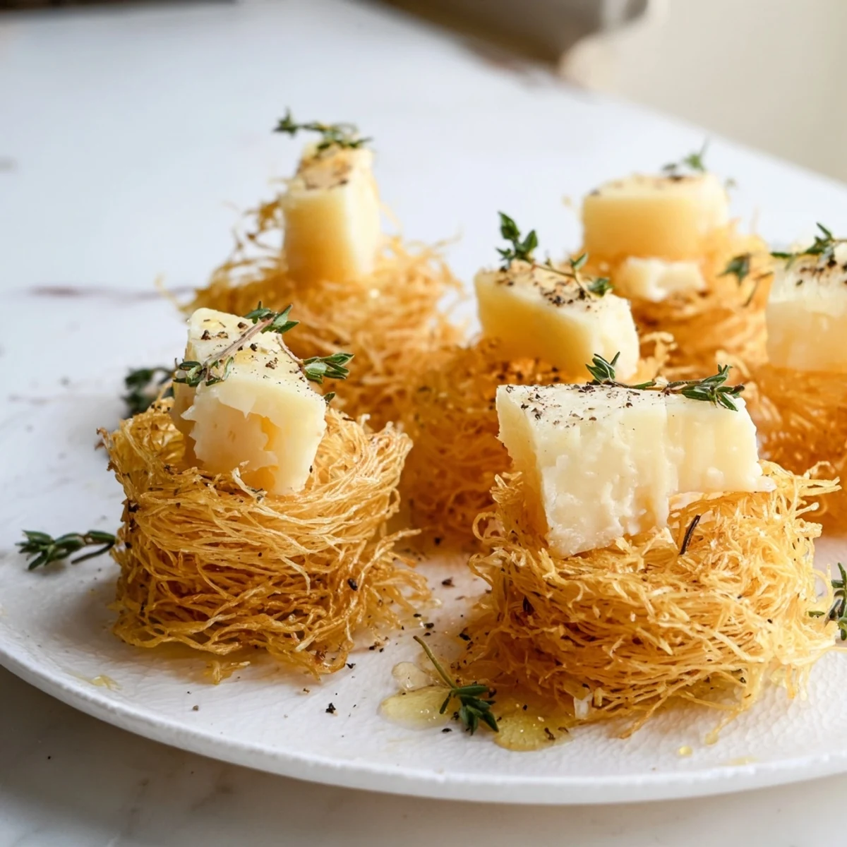 Rustic Barnyard appetizer: a beautiful cheese course featuring aged gouda and golden phyllo hay.