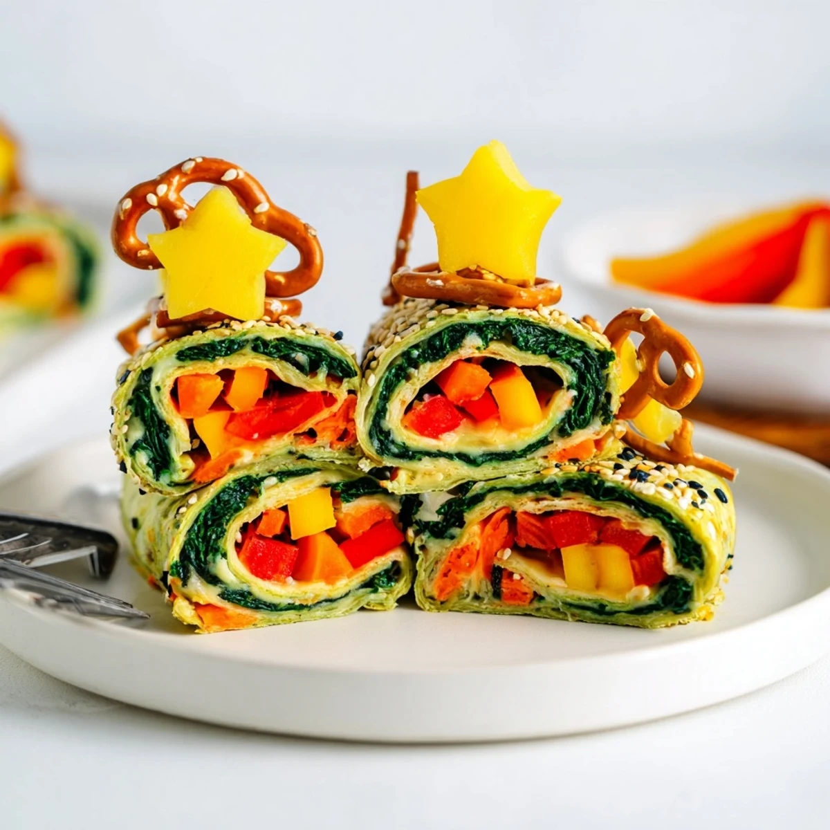 Air Fryer Christmas Tree Veggie Tortilla Wraps—crispy, vibrant, and a delightful holiday appetizer with colorful bell peppers.