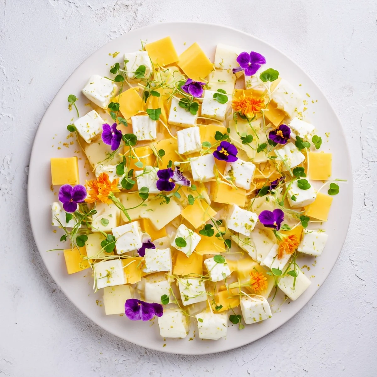 Enjoy this stunning The Secret Garden appetizer with hidden cheddar, goat cheese, and Gruyère beneath edible flowers.