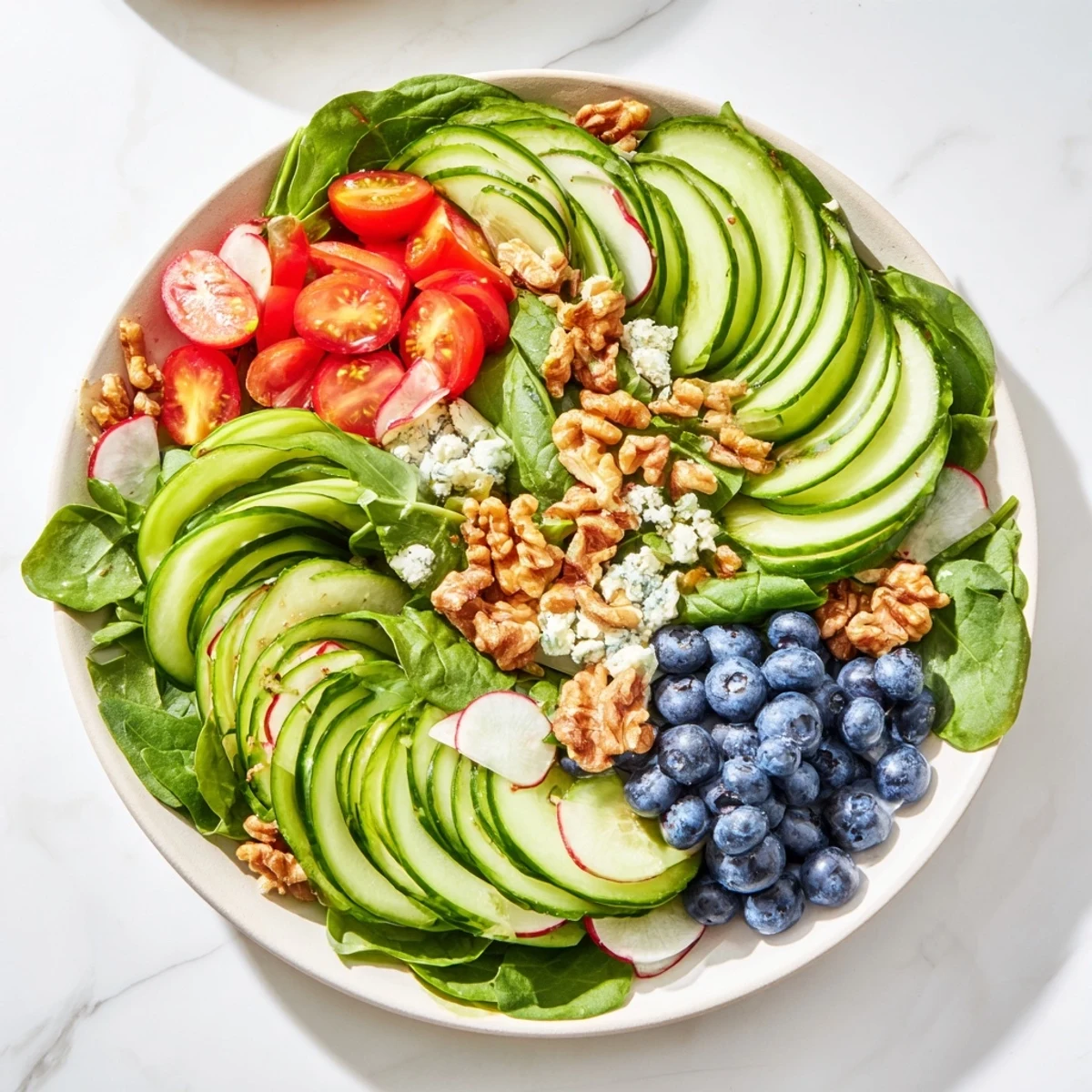 Close-up of the elegant Fibonacci Fan Salad, a veggie-filled masterpiece with walnuts and feta cheese.