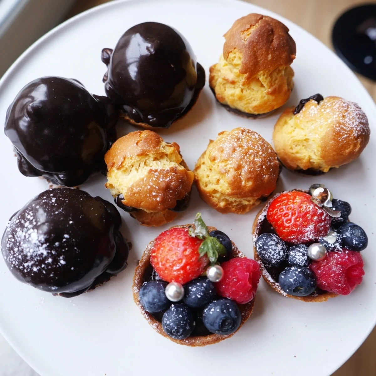 Miniature French pastries including Choux puffs make up a beautiful Piste de Train Mignardises dessert train track.