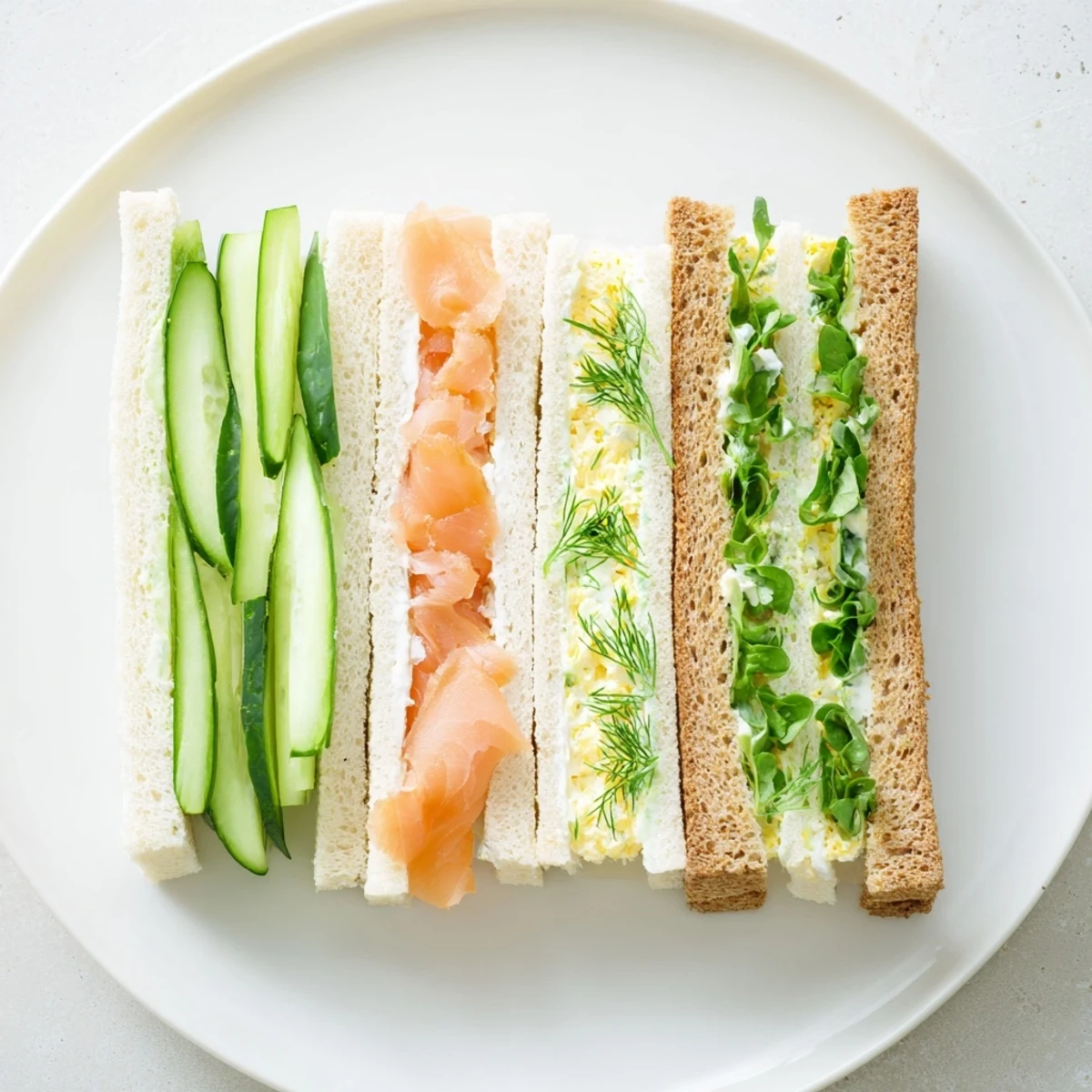 A platter of elegant Castle Feast Royal Tea Party Sandwiches showcasing the various fillings and textures.