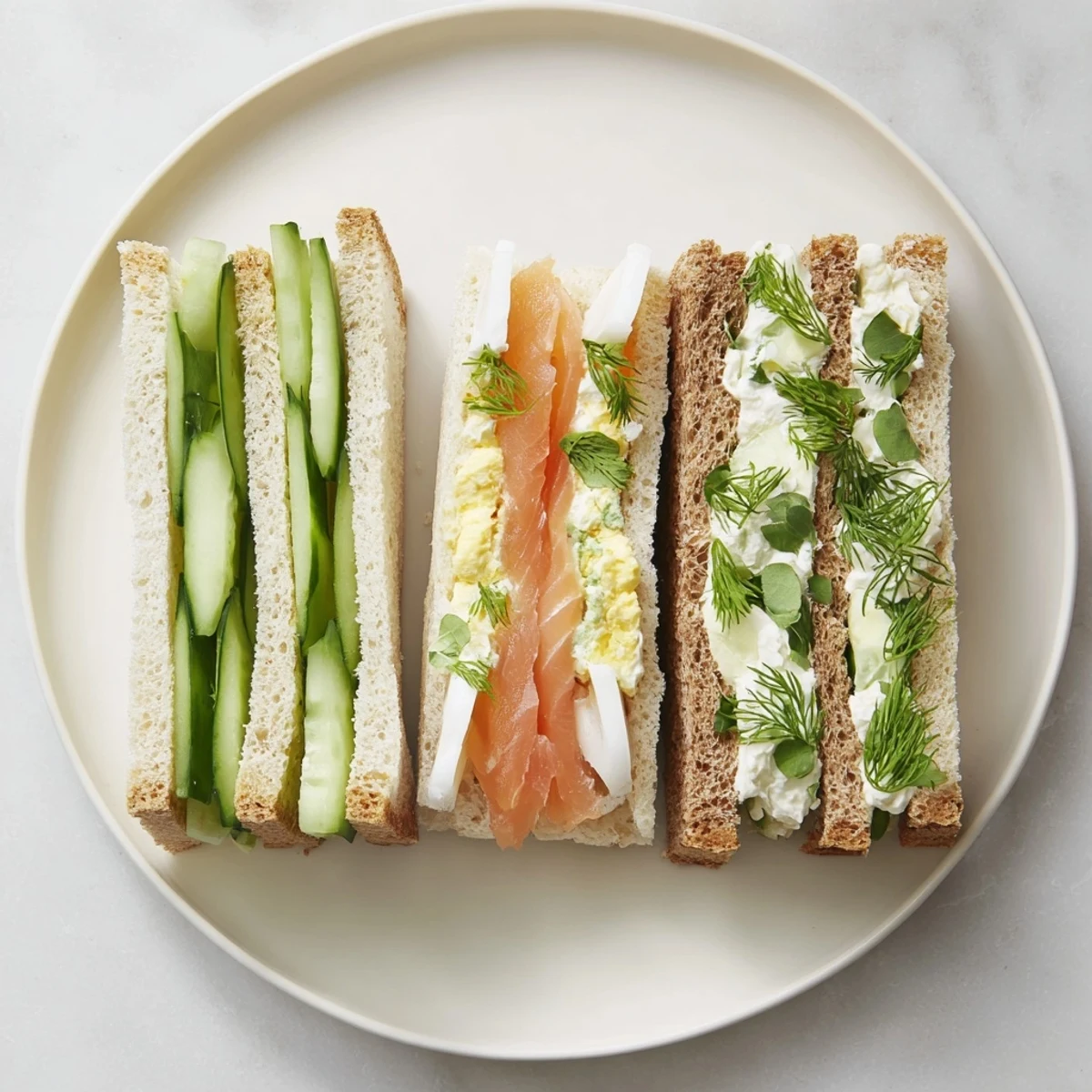 Delicate Castle Feast Royal Tea Party Sandwiches, a mix of cucumber, smoked salmon, and egg salads shown on a plate.