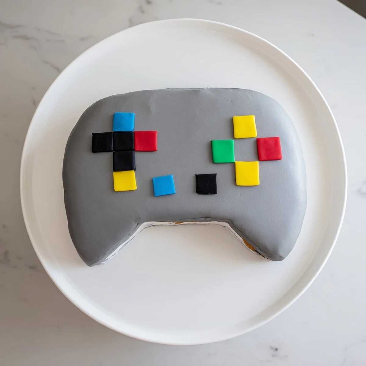 This fun Pixel Video Game Controller Cake features pixelated buttons, looking inviting and ready to be enjoyed as dessert.