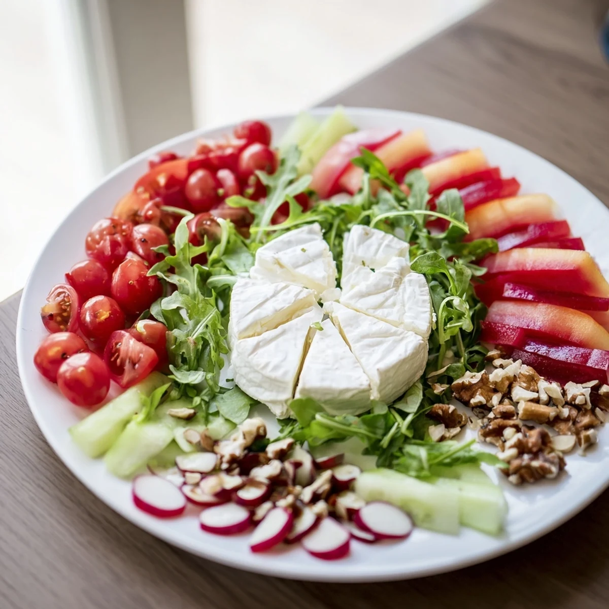 The Zenith Point salad featuring a creamy artisanal cheese wheel, beautifully arranged and ready to serve.