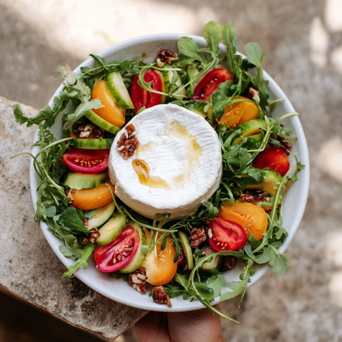 Fresh arugula and vibrant tomatoes forming The Zenith Point, a visually stunning salad centerpiece.