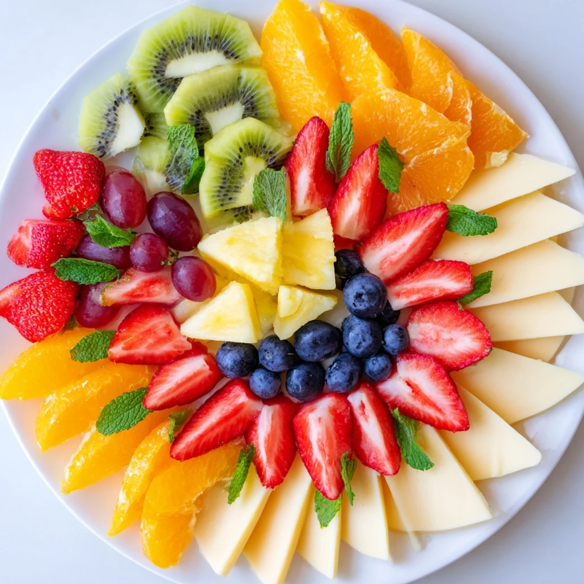 Kaleidoscope Circle showcases vibrant fruit and cheese wedges arranged in a colorful, repeating pattern.