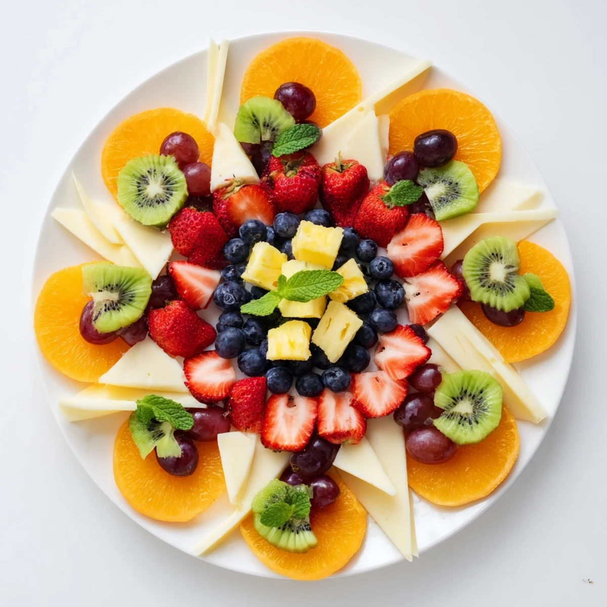 The visually striking Kaleidoscope Circle appetizer features assorted cheeses and fresh fruits served.
