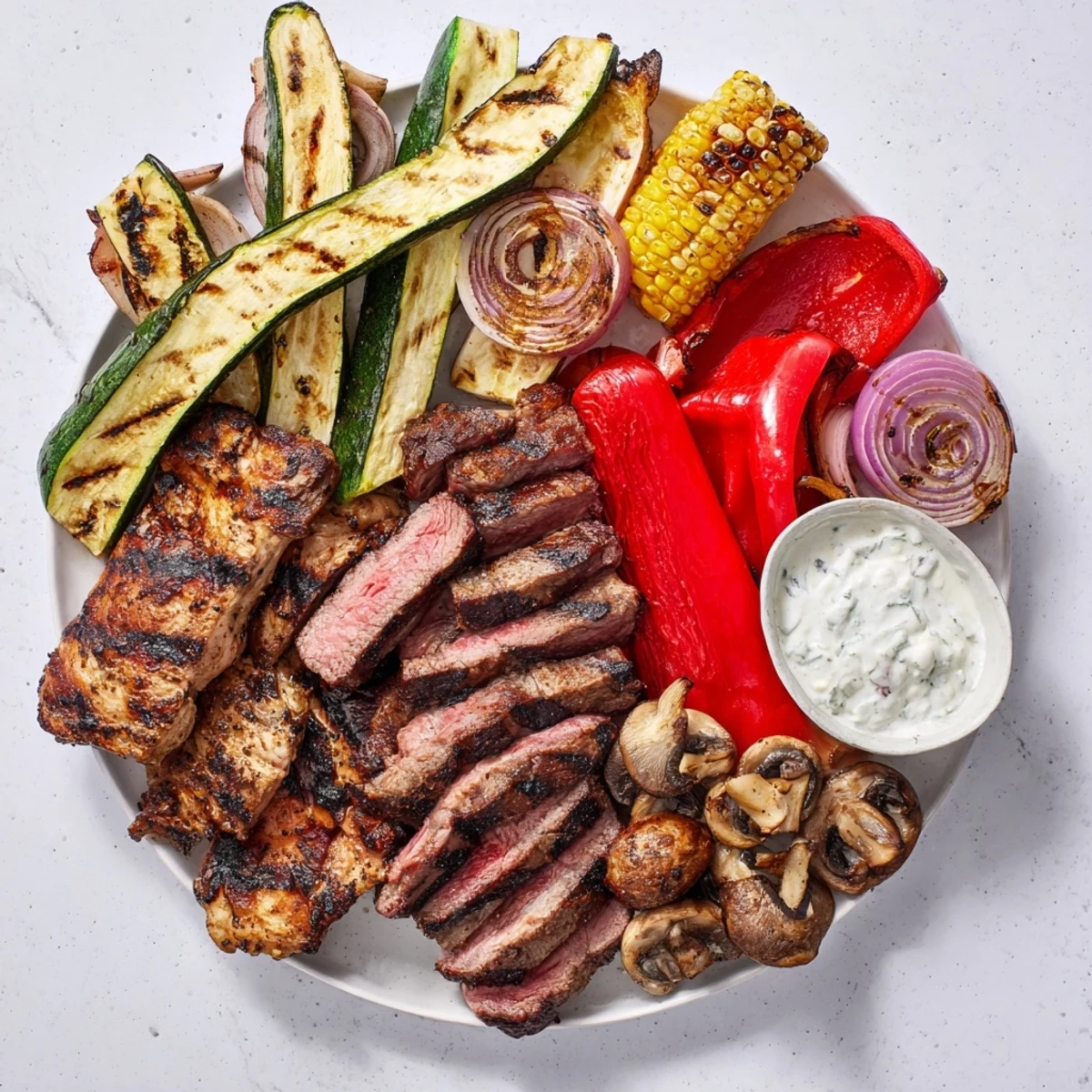 This Backyard BBQ Companion showcases smoky grilled ribeye, juicy pork chops, and colorful vegetables for a feast.