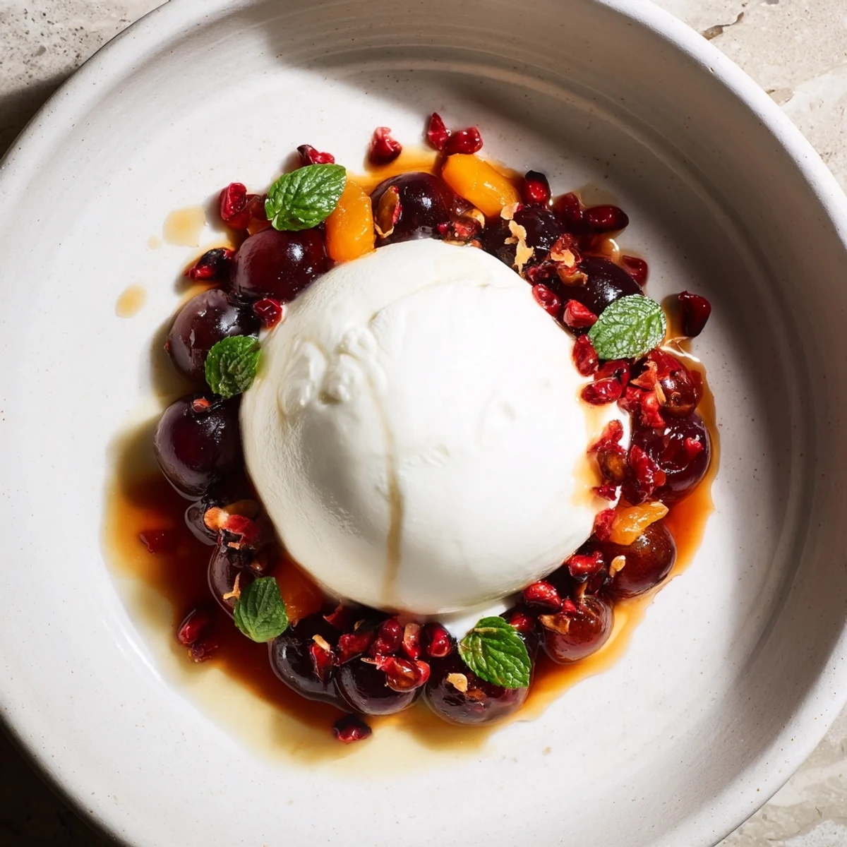 Moonlit Lagoon salad with creamy burrata, ripe grapes, and blueberries, drizzled with balsamic glaze.