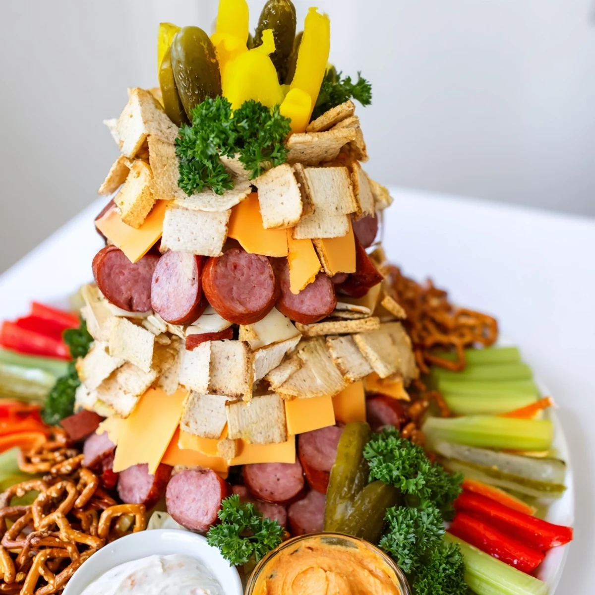 Layered tailgate party power stack appetizer with sausage, cheese, and vibrant vegetables, ready for game day.