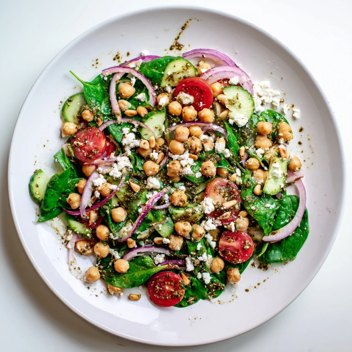 Vibrant Pesto Chickpea and Spinach Salad with glistening pesto dressing and fresh ingredients.