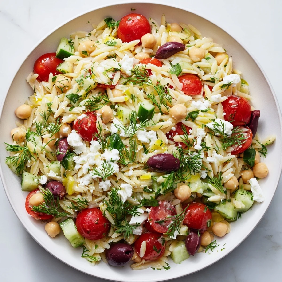 Vibrant Greek Lemon-Orzo Bean Salad with fresh dill and feta cheese, ready to serve and enjoy.
