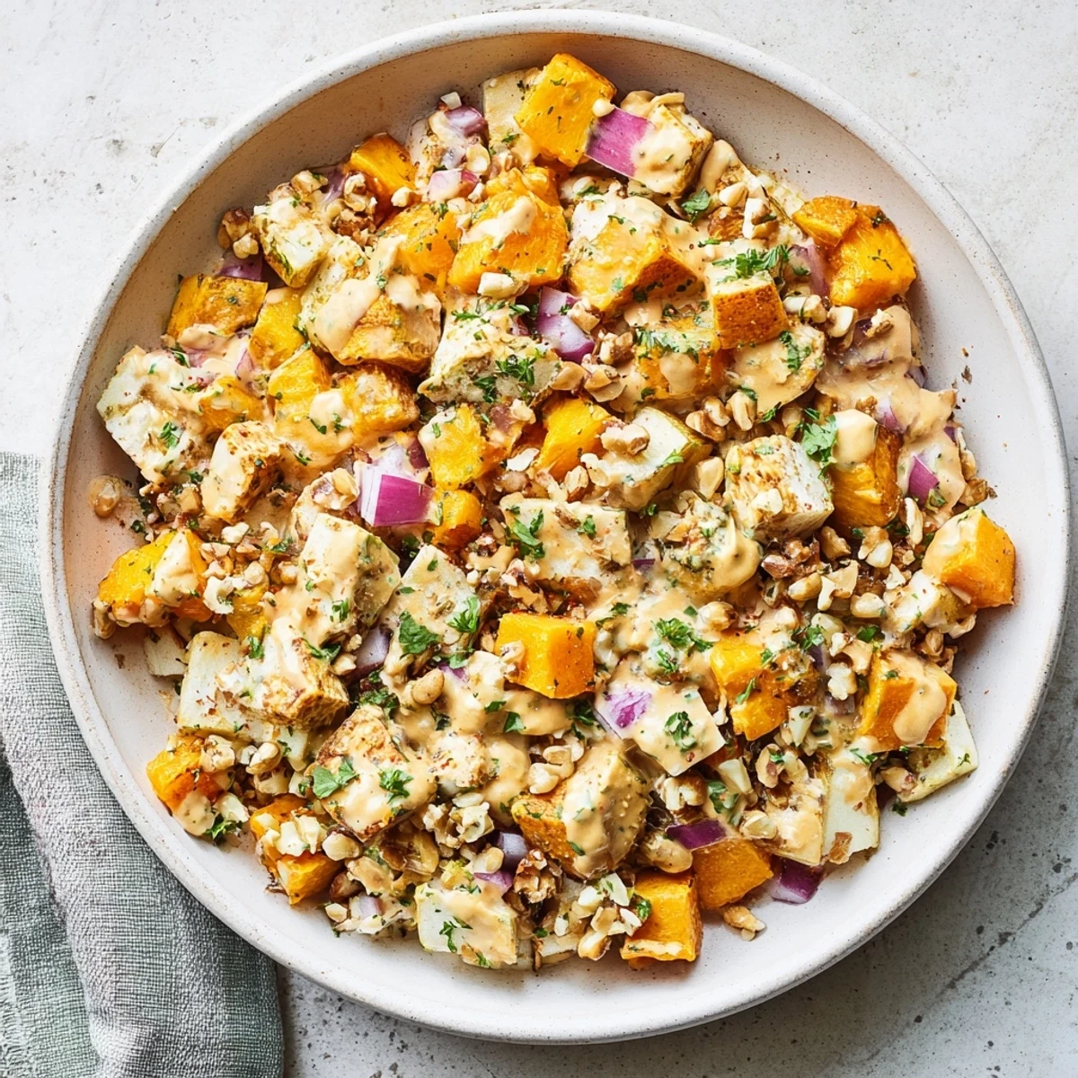 Vibrant Fall Harvest Apple and Chickpea Salad with crisp apples and a creamy dressing, ready to enjoy.