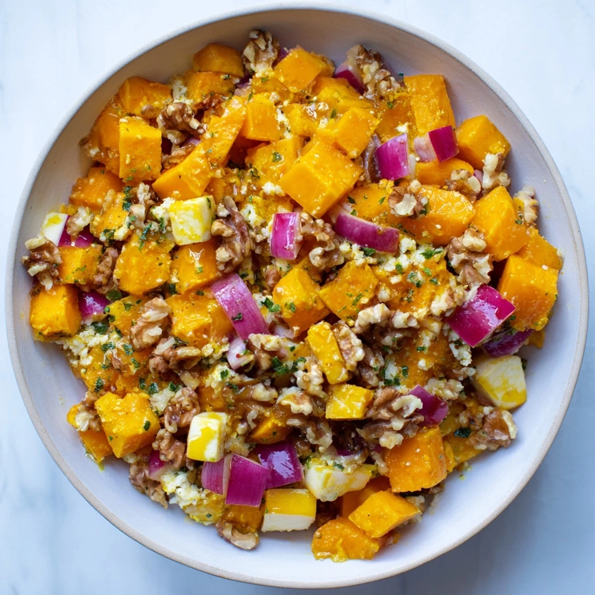 Top view of a Fall Harvest Apple and Chickpea Salad, showcasing autumn colors and textures beautifully.