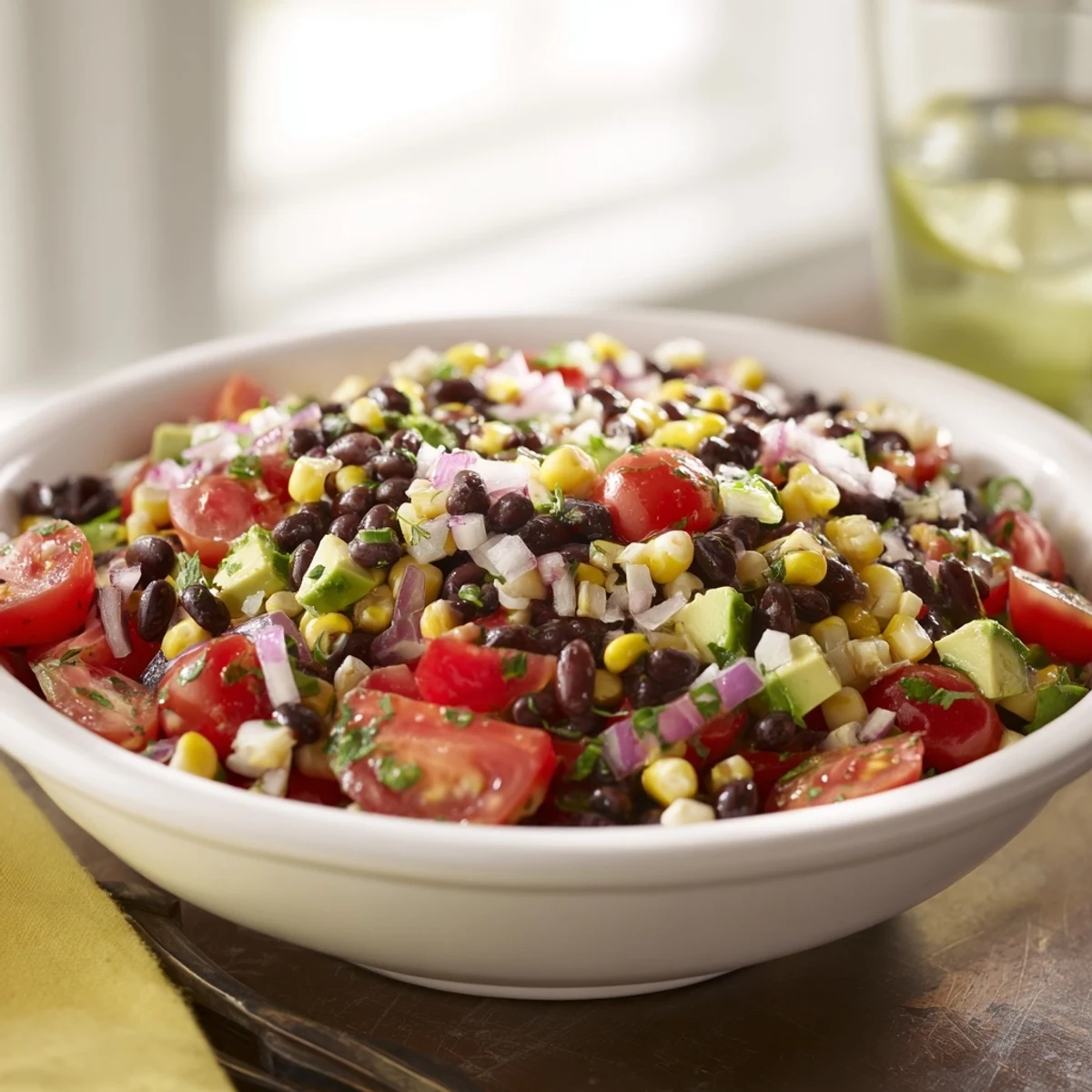 A close-up shot of Southwestern black bean and corn salad, ready to be enjoyed with a zesty lime dressing.