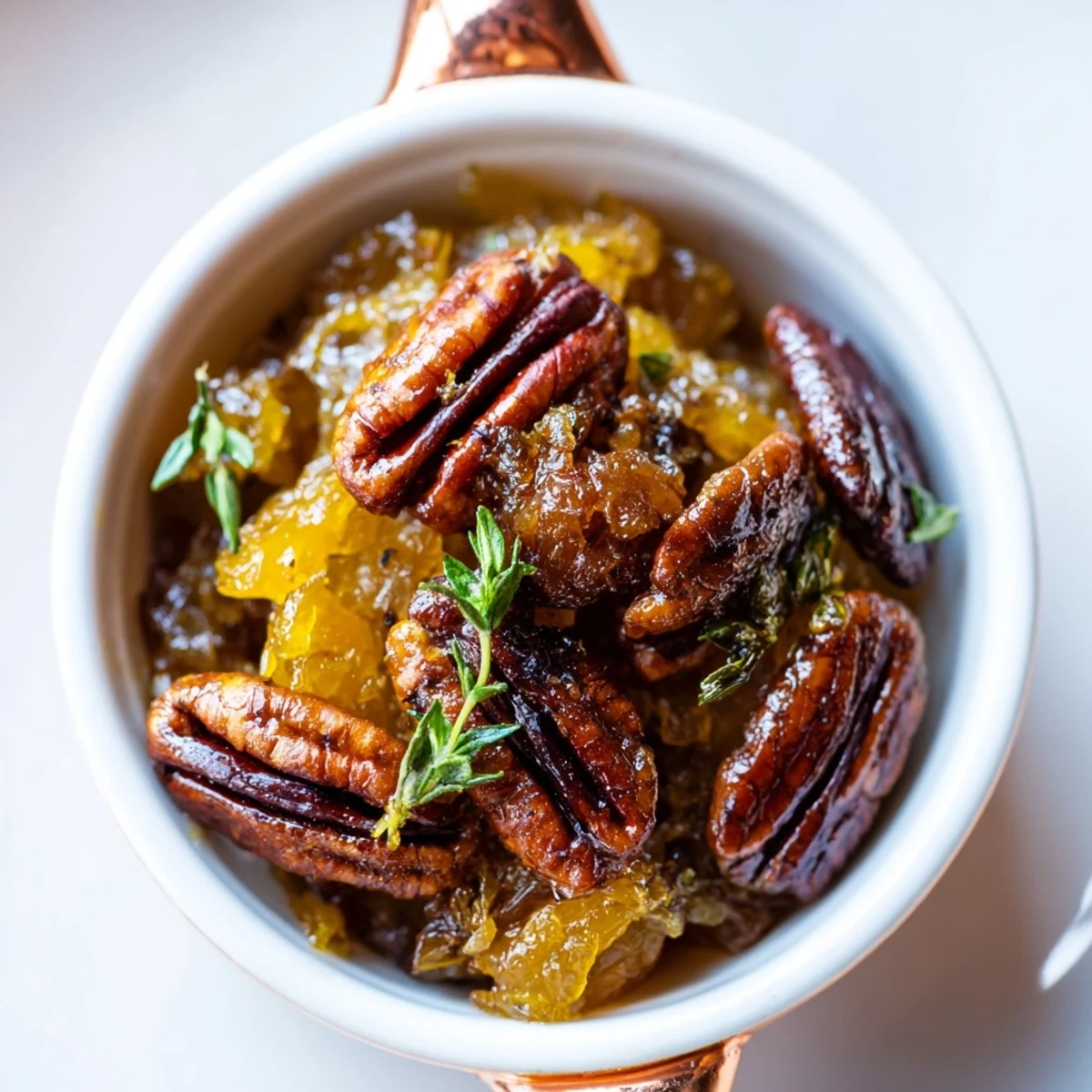 Beautifully presented Copper Kettle appetizer, featuring caramelized onions and toasted pecans, ready to serve.