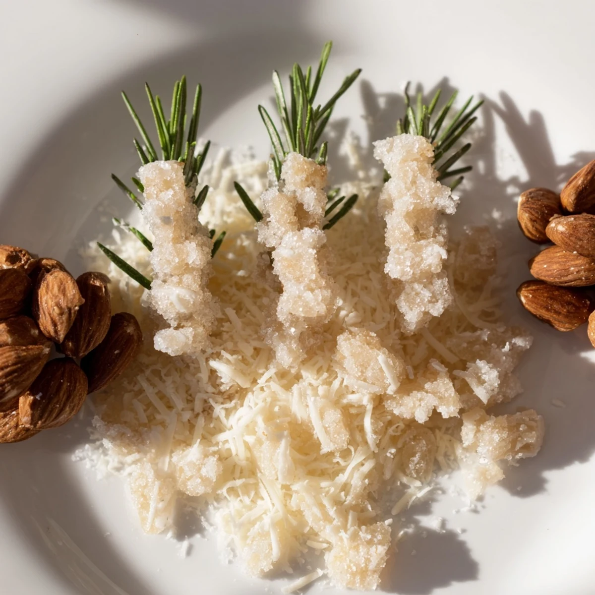 This visually stunning Frosted Pine appetizer showcases a winter wonderland cheese platter with almond pinecones and sugared rosemary.