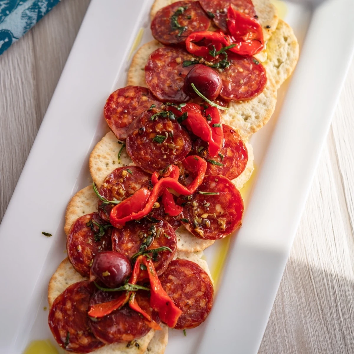 The Crimson Tide appetizer: an artfully arranged platter of chorizo, cherries, and red peppers on crackers.