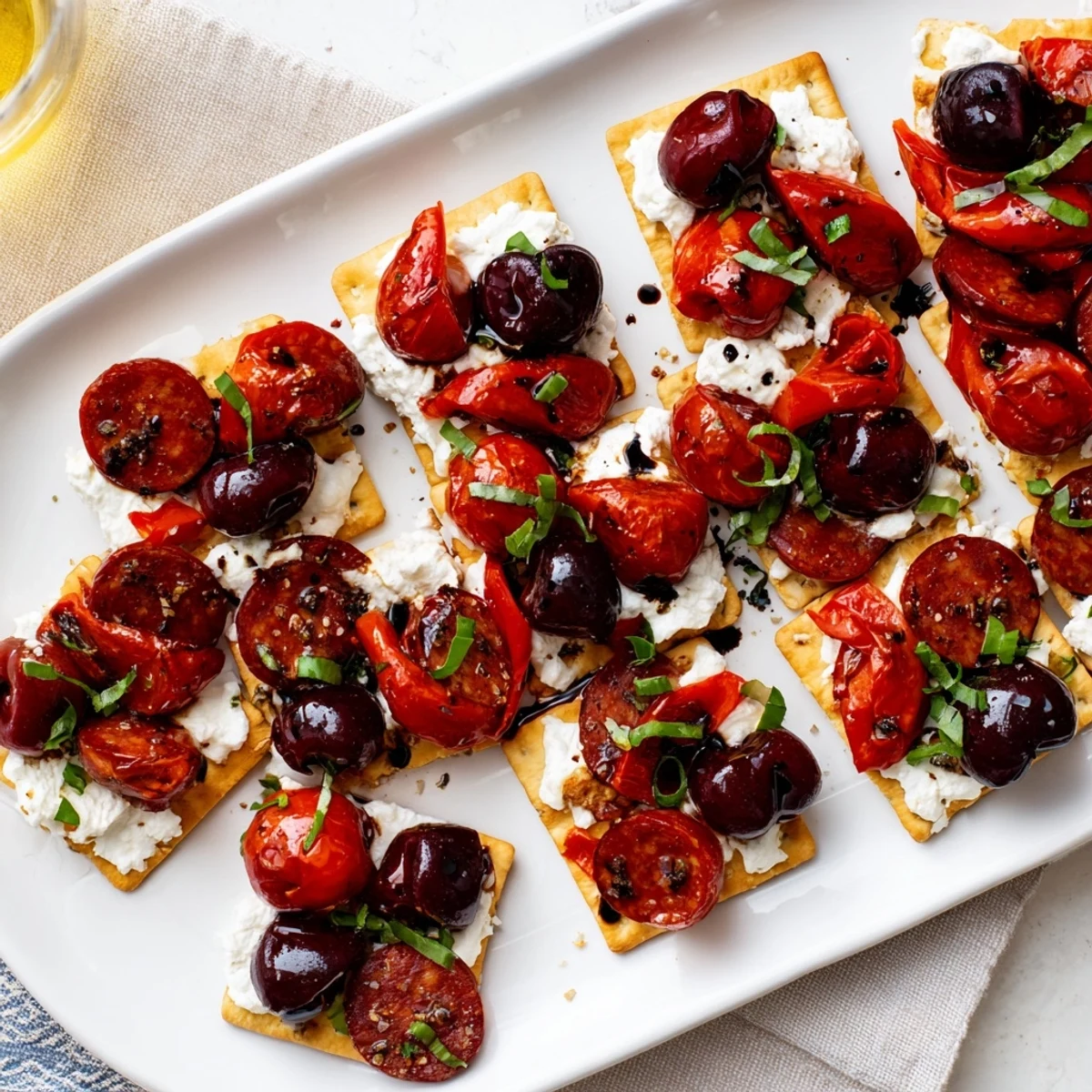 Vibrantly colorful The Crimson Tide: spicy chorizo and sweet cherries swirl attractively on white crackers.