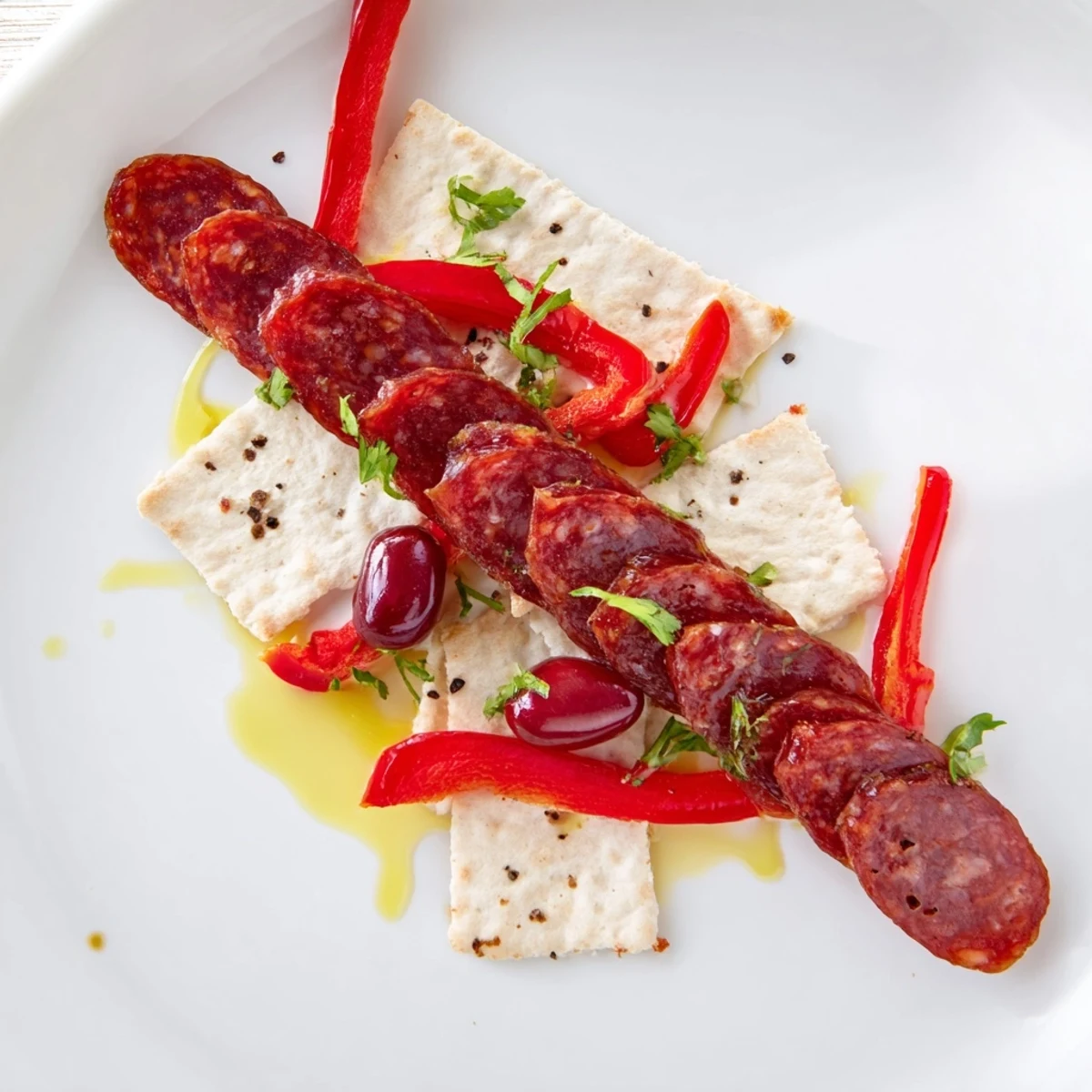 Appetizing The Crimson Tide appetizer with a flowing S-shape of chorizo, cherries, and red pepper slices on crackers.